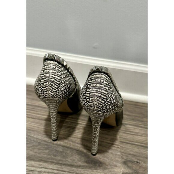 Michael Kors ELLA PEEP‎ Toe Black White Silver Studded Leather Heel Shoe Sz 9 - Picture 4 of 8